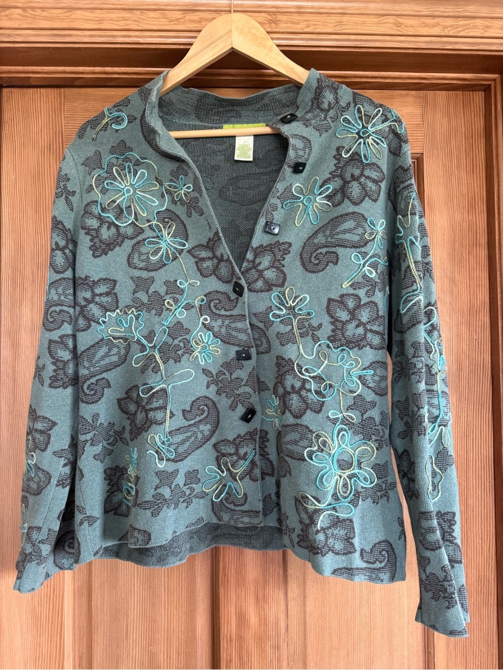 Sigrid Olsen Teal Green Floral Embroidered Cardigan